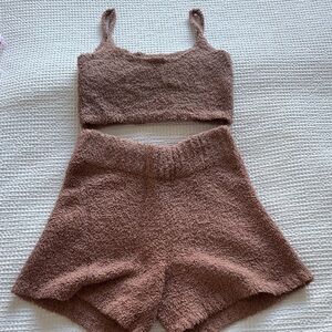 Skims Cozy Brown Fuzzy Tank and Shorts Set
